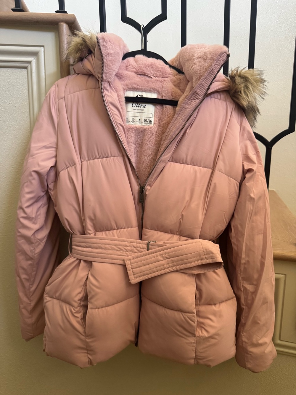 Abercrombie & Fitch Kids Ultra Belted Parka Puffer Jacket in Pale Blush Pink